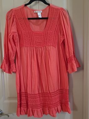 Coral Crochet-Detail Semi-sheer Boho Dress, Tunic, Swimsuit Cover-up